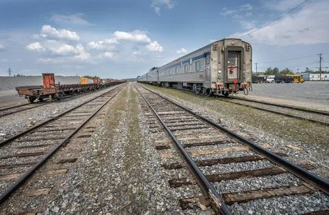 Passenger Train and Freight Train at Thompson, Manitoba Stock Photos