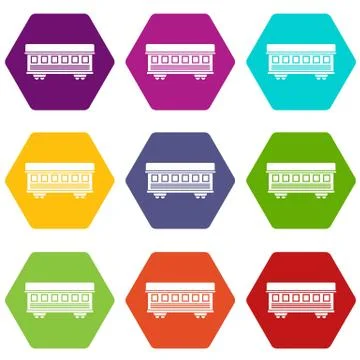 Passenger train car icon set color hexahedron Stock Illustration
