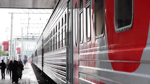 The Passenger Train Departs From The Platform. Closeup. Video stock 66461953