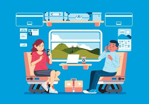 Passenger train interior with man and women passenger busy with their phone, Stock Illustration