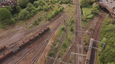 Passenger Train Leaving Railway Junction Aerial View Stock-Footage 334646692