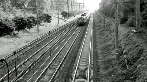 Passenger Train Motion On Railway With The Top View In Black White Stock Footage 84905503