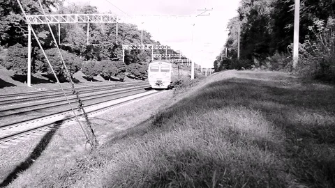 Passenger Train Move At The Camera Frontal View In Black White Stock Footage 84828105