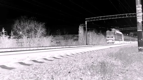 Passenger Train Move Railway With The Front View In Night Stock Footage 84951660