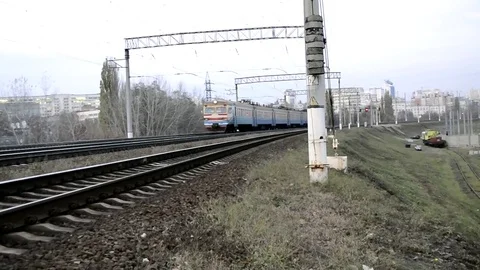 Passenger Train Moved Away At The Camera Diagonal View Stock Footage 84803573