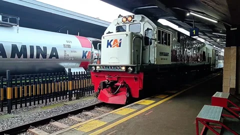 Passenger train passes through the railway station Video stock 320787371