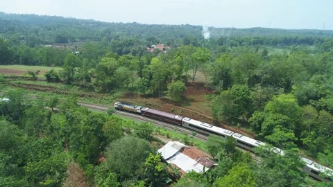 Passenger Train Passing by a Curved Rail Near Cisomang Railway Bridge Video stock 130646832