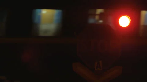 Passenger train passing through rail crossing at night. Traffic light signal. Stock Footage 94039455