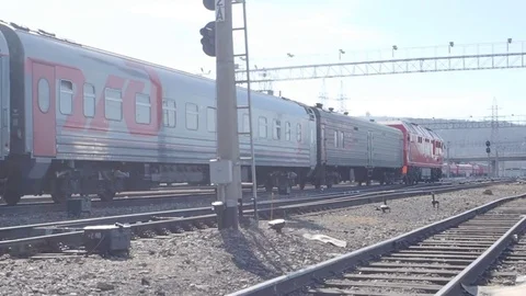 Passenger train on railway track Stock Footage 74861850