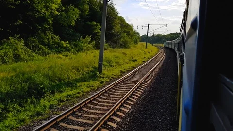The passenger train returns to the left. The view from the window of the car Stock Footage 111397972