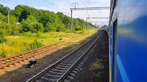 The passenger train returns to the left. The view from the window of the car Stock Footage 111399123