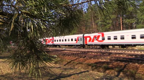 Passenger train rides the rails in the forest. Russia. Moscow region. Spring. Stock Footage 40367876