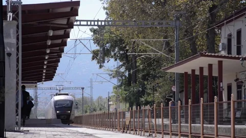 Passenger train stops at the station and passengers descend on the pla Stock Footage 69833093