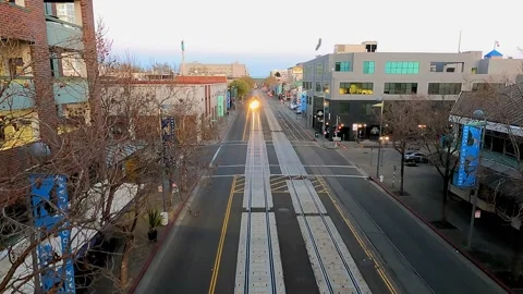 Passenger Train on Third Street from above. Oakland's Jack London Square. Video stock 151240182