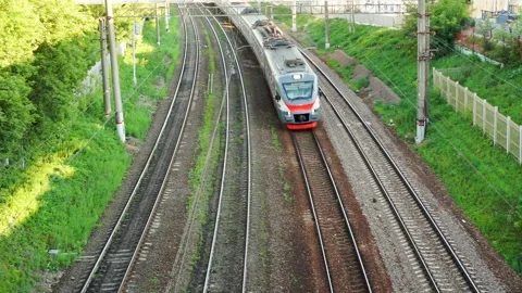 Passenger train, view from the bridge. Stock Footage 203900629