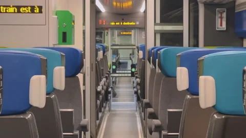 The passenger train wagon inside. No passengers metro inside the car. France Stock Footage 220063779