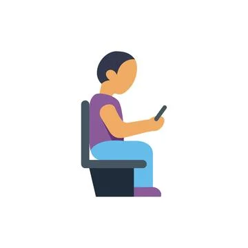 Passenger using mobile phone app while traveling by bus, train or airplane, o Illustrazione stock