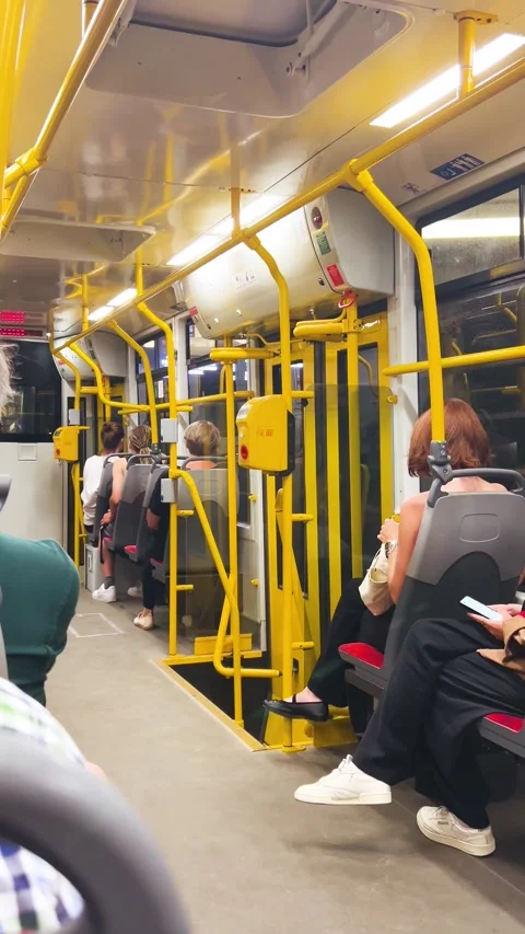 	Passenger view inside a modern Warsaw tram at night in Poland. Stock Footage 345243121