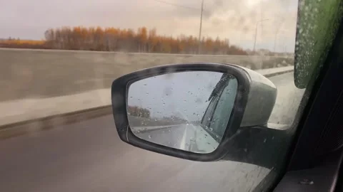 Passenger view of rainy highway lined with colorful autumn Stock Footage 319953101