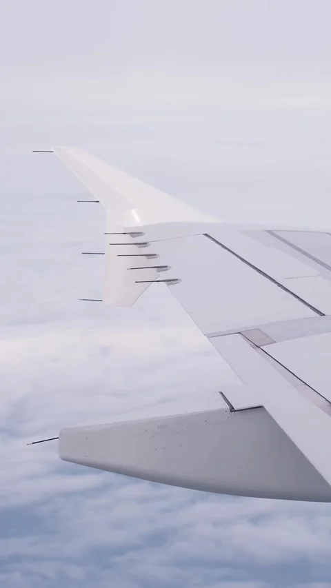 Passenger window view of an aircraft wing above a thick cloud deck, capturing a Stock Footage 335923821