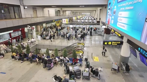 Passengers are queuing to check in at the Don Mueang International Airport. Stock-Footage 313414014
