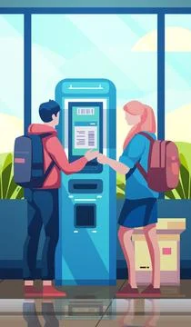 Passengers in arrival waiting room self check in at automatic machine or buying Illustrazione stock