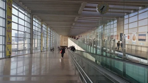Passengers arrive and leave Ben Gurion Airport, floor in steep incline, clock Vídeos de archivo 78733382