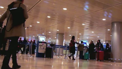 Passengers at the automatic ticket registration at the airport Ben Gurion. Tel A Stock Footage 74467809