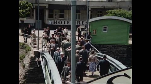 Passengers Board and Exit Rhine River Boat Via Ramp 1957 Stock Footage 48080922