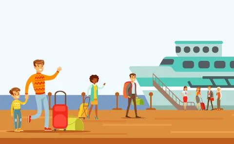 Passengers Boarding Large Ship, Part Of People Taking Different Transport Types Stock Illustration