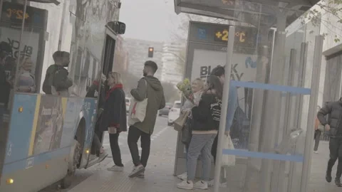 Passengers boarding a passenger bus in Madrid, Spain Stock-Footage 345027400