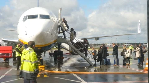 Passengers boarding a plane, Flight preparation,Hamburg,Germany on April 25,2017 Stock Footage 76160546