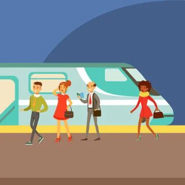 Passengers Boarding A Train At The Platform, Part Of People Taking Different Stock Illustration