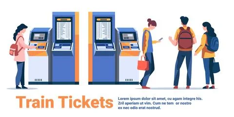 Passengers buying electronic train tickets at self service digital terminal Illustrazione stock