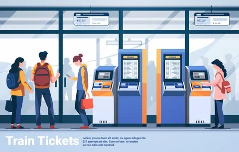 Passengers buying electronic train tickets at self service digital terminal Illustrazione stock