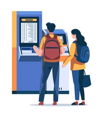 Passengers buying electronic train tickets at self service digital terminal Illustrazione stock