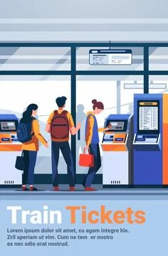Passengers buying electronic train tickets at self service digital terminal Illustrazione stock