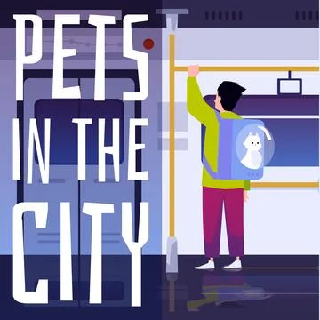 Passengers with cat in carrier backpack inside city bus or subway train, pet Illustrazione stock