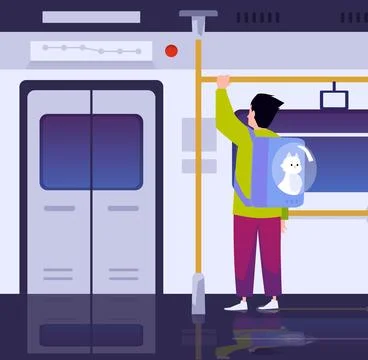 Passengers with cat in carrier backpack inside city bus or subway train, pet Illustrazione stock