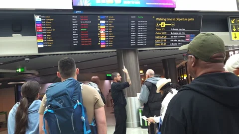 Passengers checking the departures board for their flight. Video stock 255387742