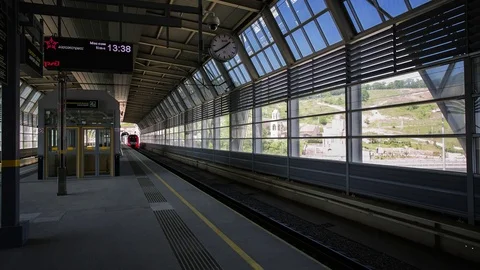 Passengers come in and out of the train in railway station timelapse Stockbeeldmateriaal 83304397