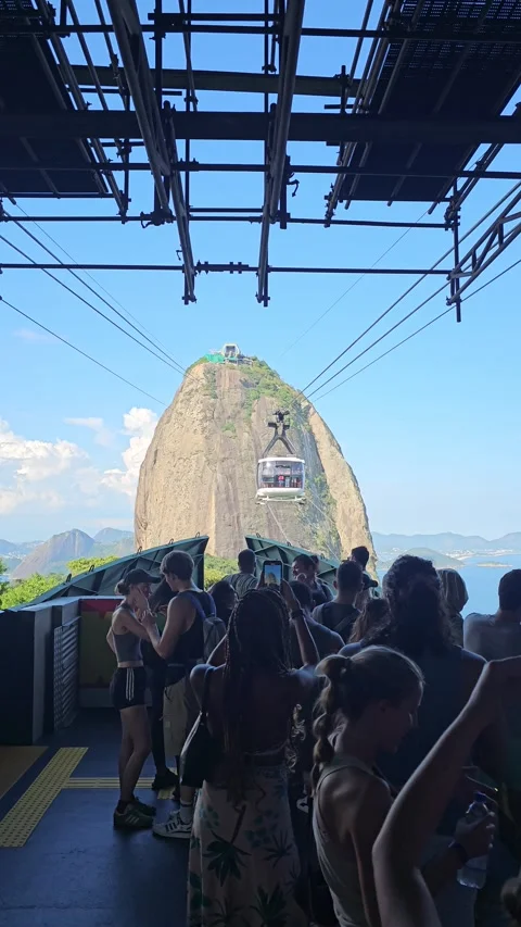 Passengers Crowded on Cable Car Platform With Sugarloaf View, Brazil – Vertical Stock-Footage 306488812