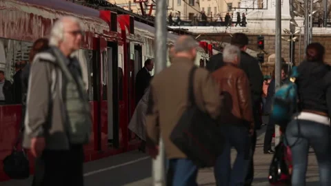 Passengers exit the suburban Aeroexpress passenger train. Stock Footage 229763516