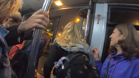 Passengers go to the plane by shuttle bus Stock Footage 128782594