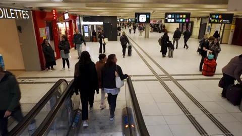 Passengers going down escalator in Paris train station Stock Footage 313475475