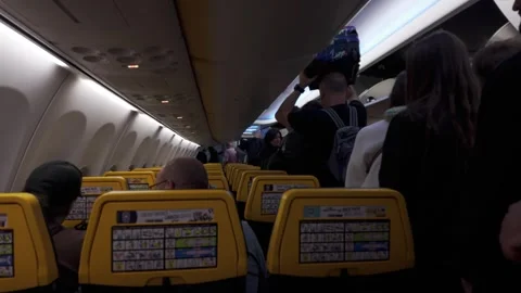 Passengers inside commercial airplane take luggage from overhead bins and Video stock 316702756