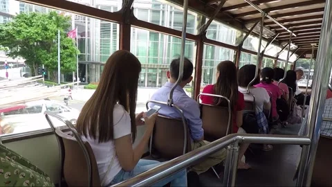 Passengers inside Double Deck Tram, Road Traffic, Wan Chai Street, Hong Kong 库存影片 259725218