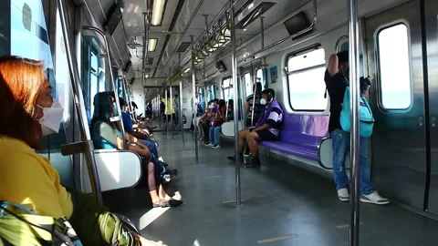 Passengers inside the LRT 2 which runs from Antipolo City to Manila Stock Footage 201502413