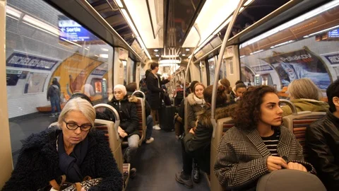 Passengers inside Paris Metro Train - Subway commuters Video stock 100822759