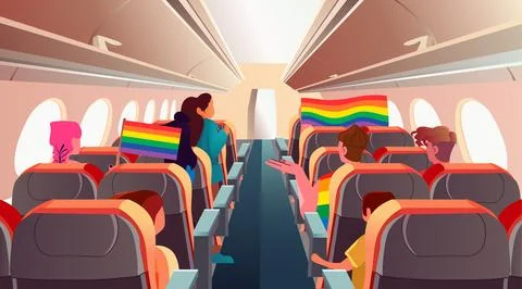 Passengers with lgbt rainbow flags sitting in airplane pride festival Stock Illustration